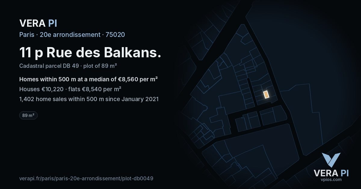 11 p Rue des Balkans, 20e arrondissement at night – the plot lit, the parcels around coloured by the prices near them