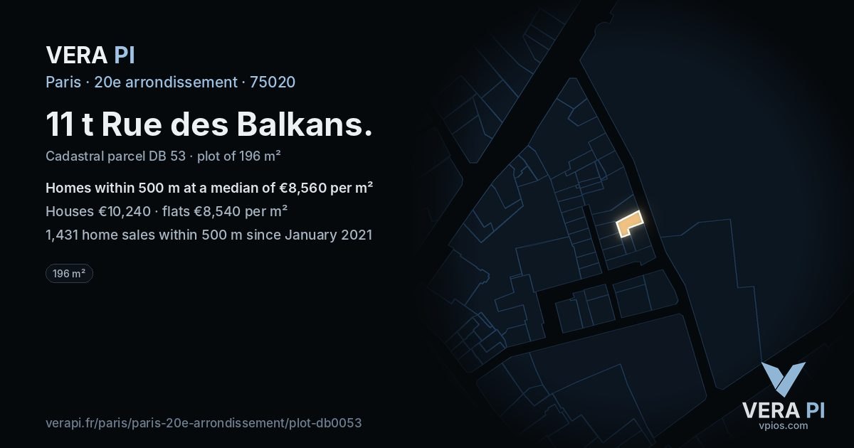 11 t Rue des Balkans, 20e arrondissement at night – the plot lit, the parcels around coloured by the prices near them