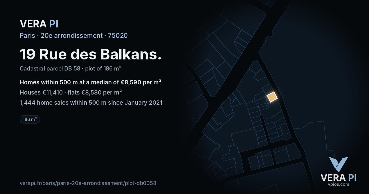 19 Rue des Balkans, 20e arrondissement at night – the plot lit, the parcels around coloured by the prices near them