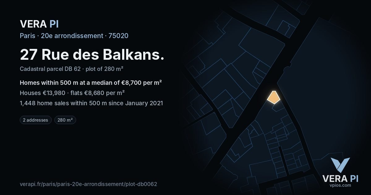 27 Rue des Balkans, 20e arrondissement at night – the plot lit, the parcels around coloured by the prices near them