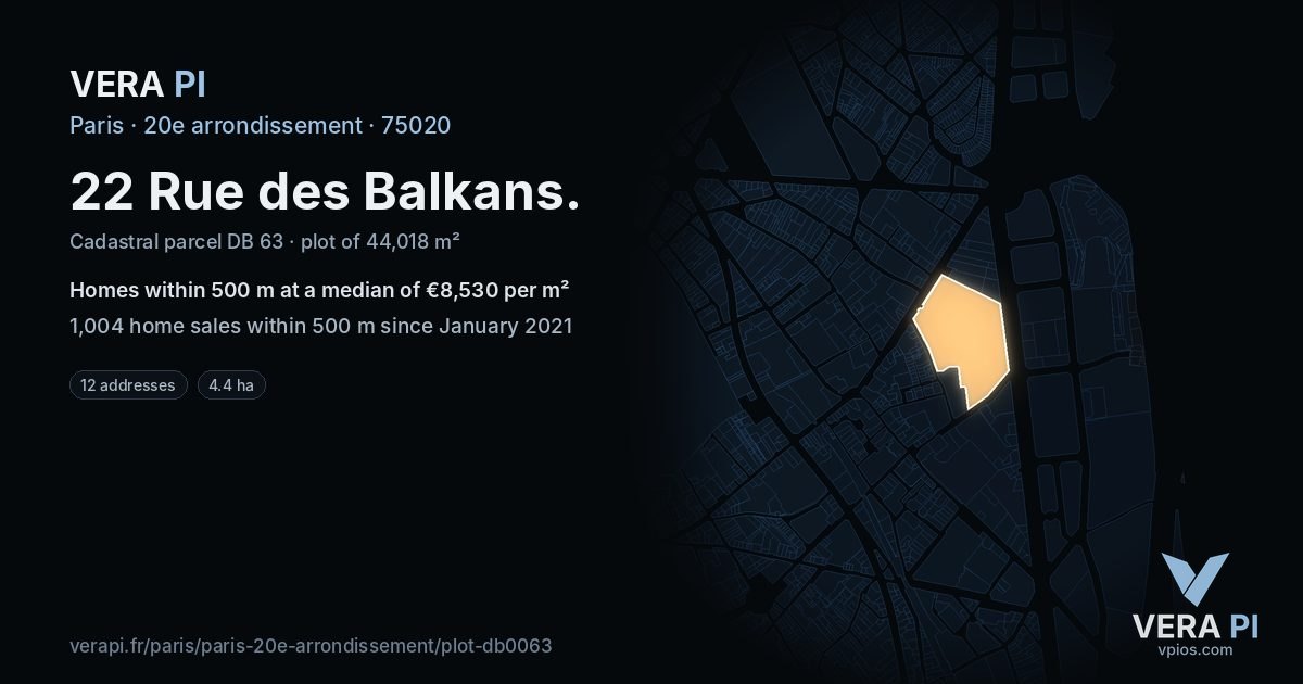 22 Rue des Balkans, 20e arrondissement at night – the plot lit, the parcels around coloured by the prices near them