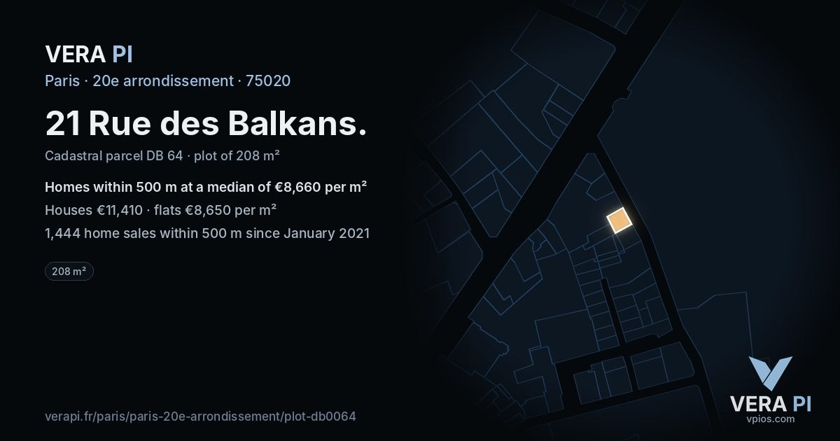 21 Rue des Balkans, 20e arrondissement at night – the plot lit, the parcels around coloured by the prices near them