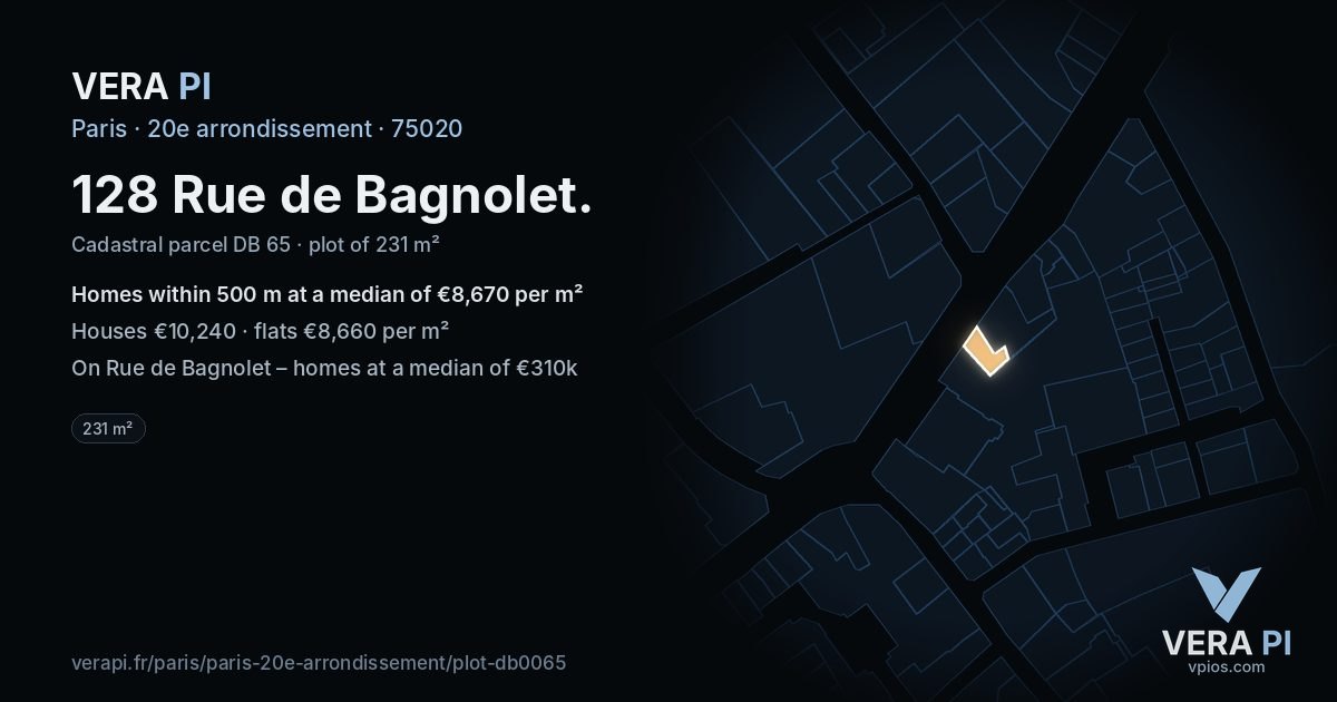 128 Rue de Bagnolet, 20e arrondissement at night – the plot lit, the parcels around coloured by the prices near them