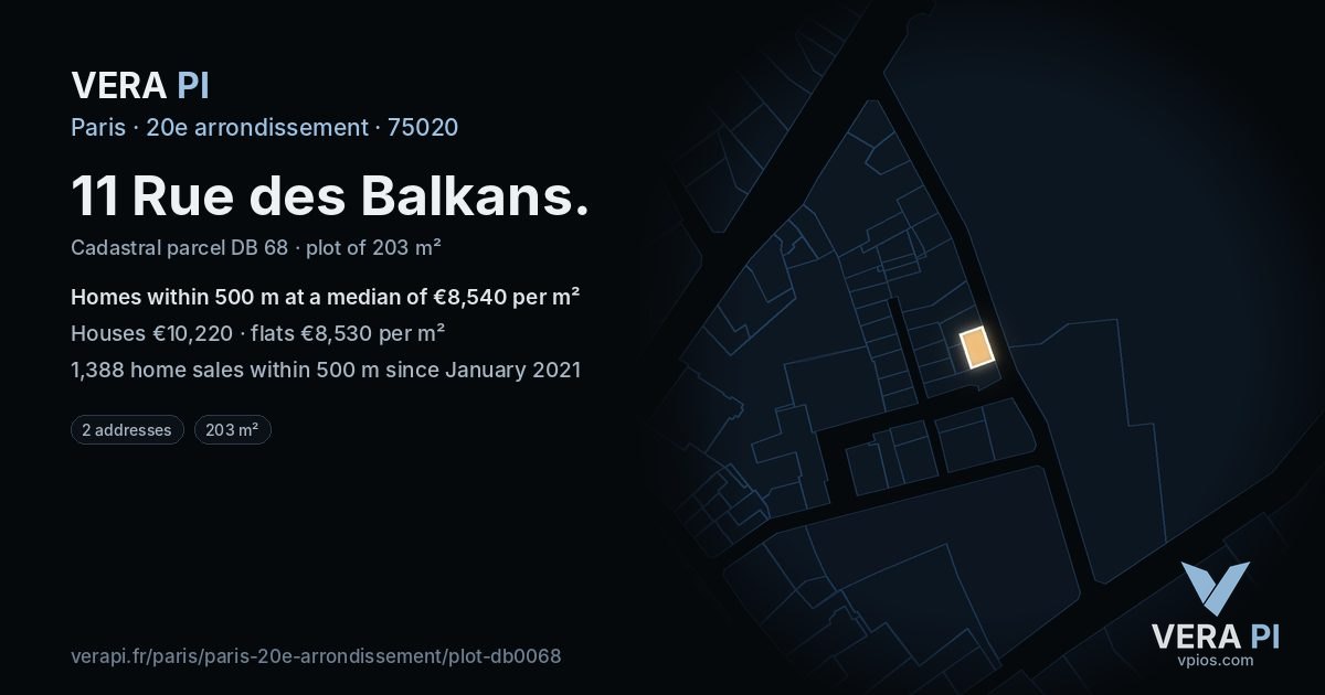 11 Rue des Balkans, 20e arrondissement at night – the plot lit, the parcels around coloured by the prices near them