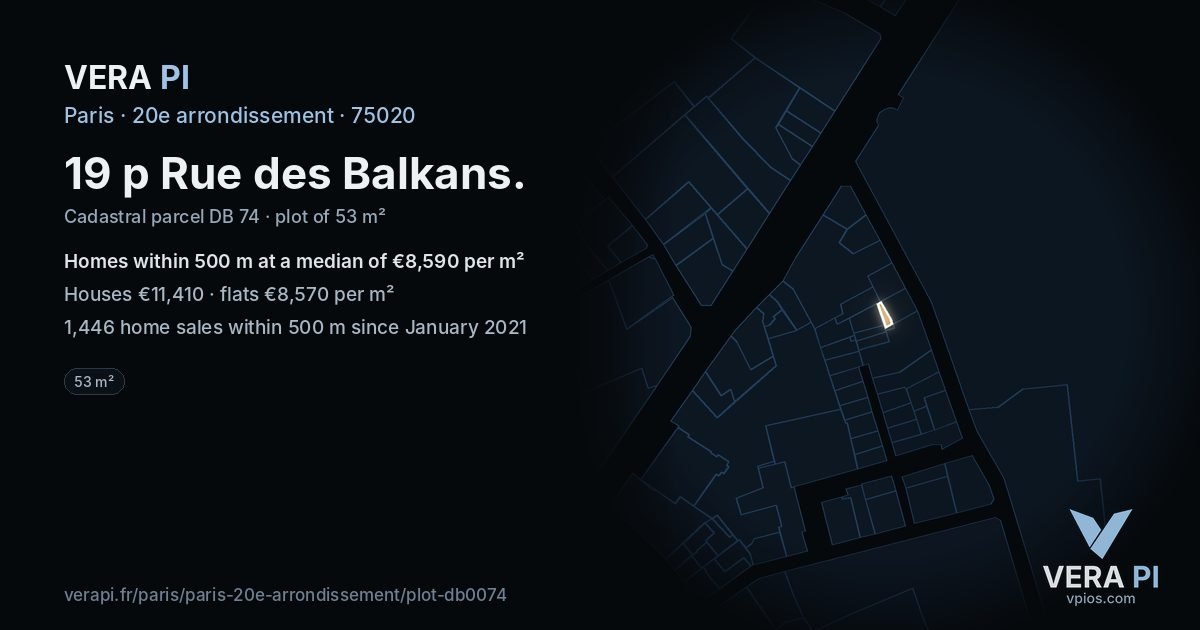19 p Rue des Balkans, 20e arrondissement at night – the plot lit, the parcels around coloured by the prices near them