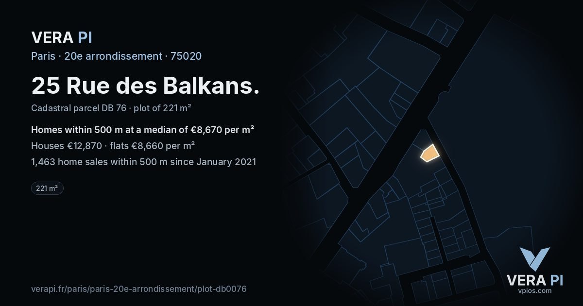25 Rue des Balkans, 20e arrondissement at night – the plot lit, the parcels around coloured by the prices near them
