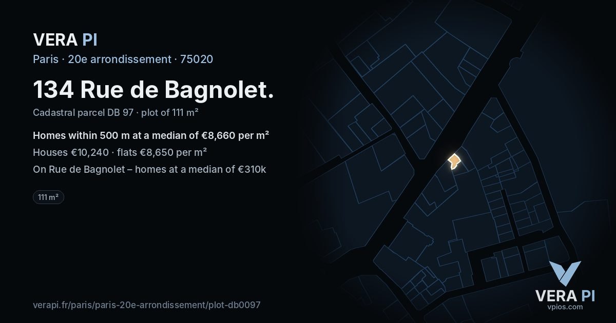 134 Rue de Bagnolet, 20e arrondissement at night – the plot lit, the parcels around coloured by the prices near them