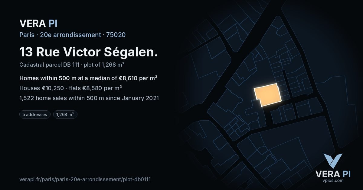 13 Rue Victor Ségalen, 20e arrondissement at night – the plot lit, the parcels around coloured by the prices near them
