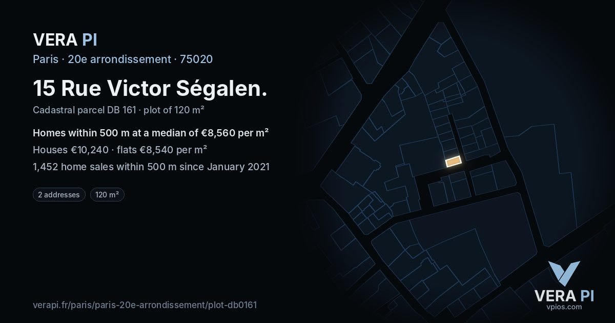 15 Rue Victor Ségalen, 20e arrondissement at night – the plot lit, the parcels around coloured by the prices near them