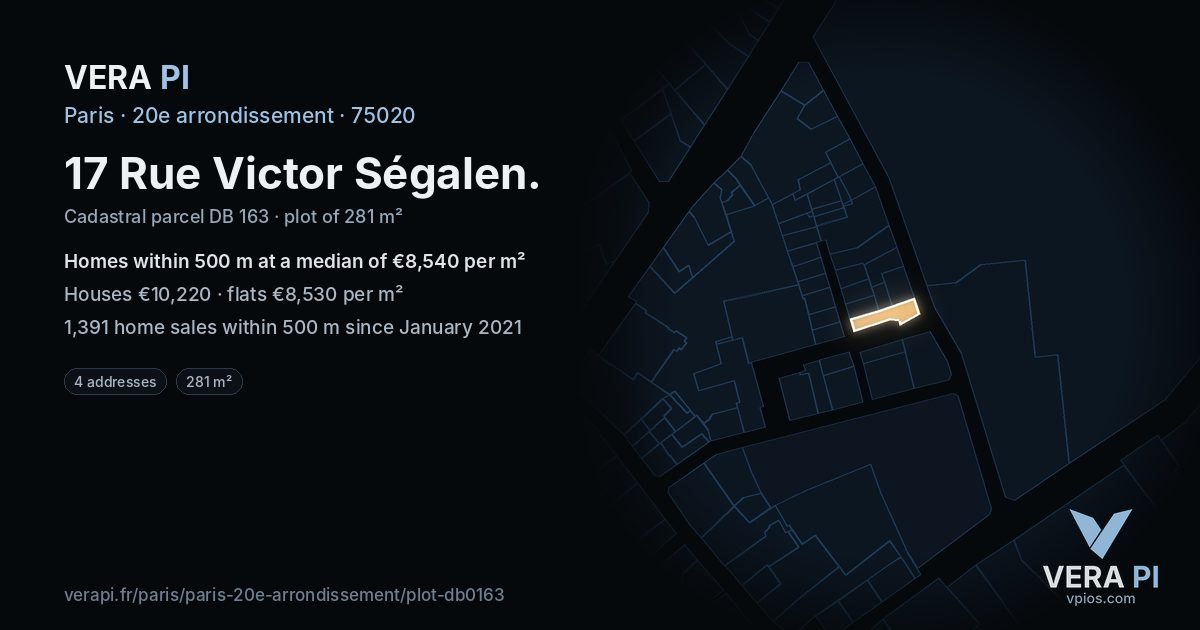 17 Rue Victor Ségalen, 20e arrondissement at night – the plot lit, the parcels around coloured by the prices near them