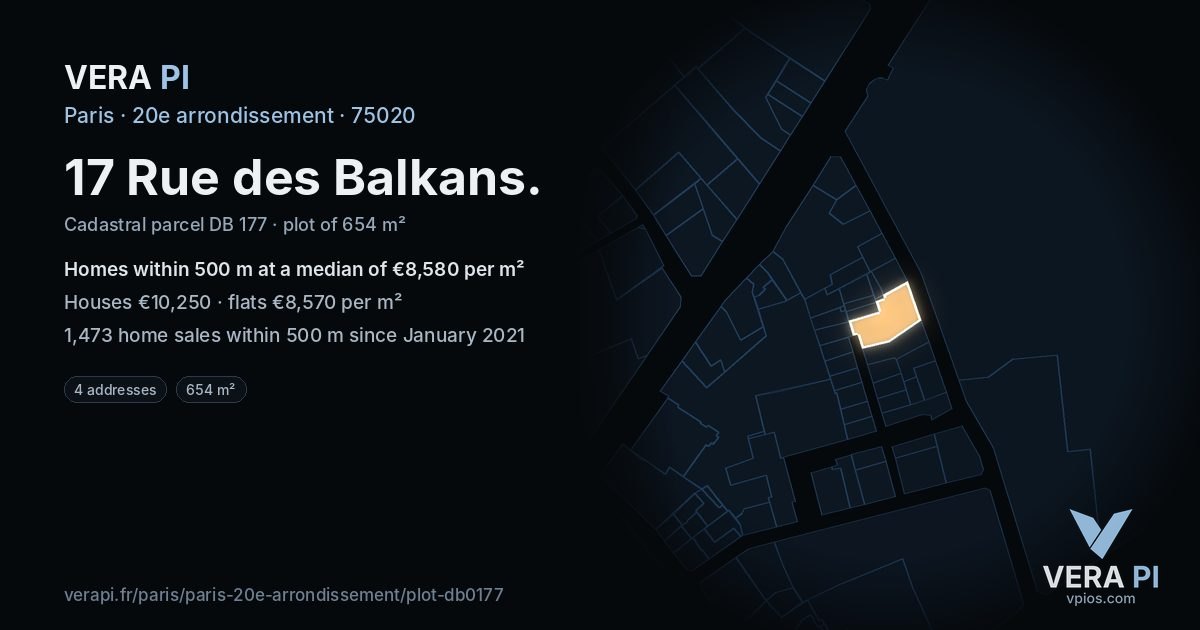 17 Rue des Balkans, 20e arrondissement at night – the plot lit, the parcels around coloured by the prices near them