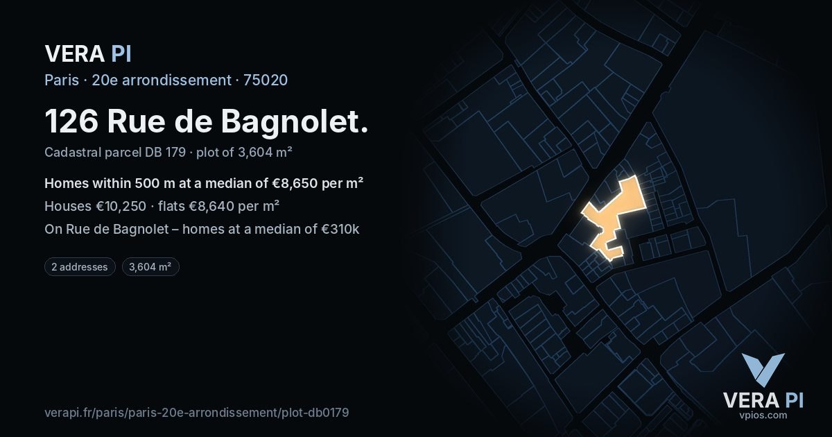126 Rue de Bagnolet, 20e arrondissement at night – the plot lit, the parcels around coloured by the prices near them