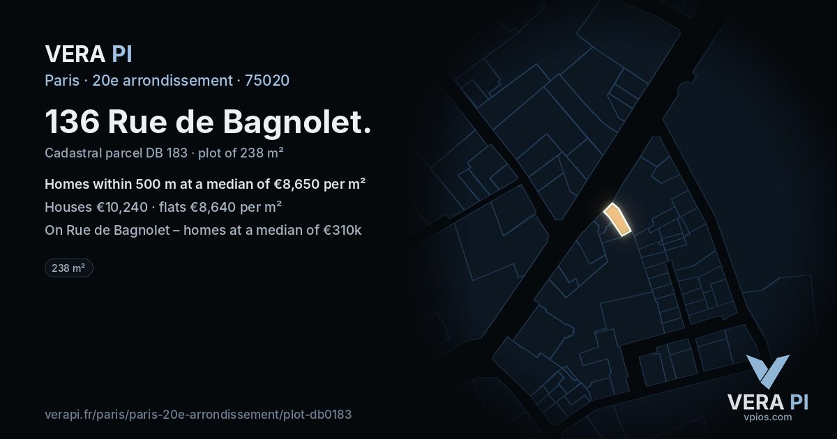 136 Rue de Bagnolet, 20e arrondissement at night – the plot lit, the parcels around coloured by the prices near them