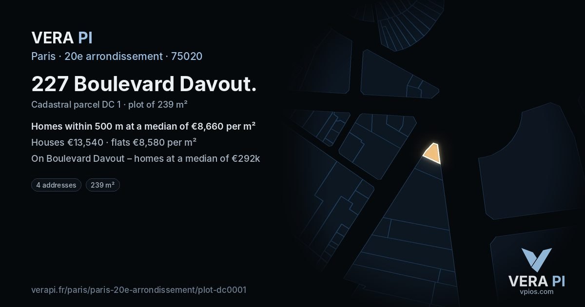 227 Boulevard Davout, 20e arrondissement at night – the plot lit, the parcels around coloured by the prices near them
