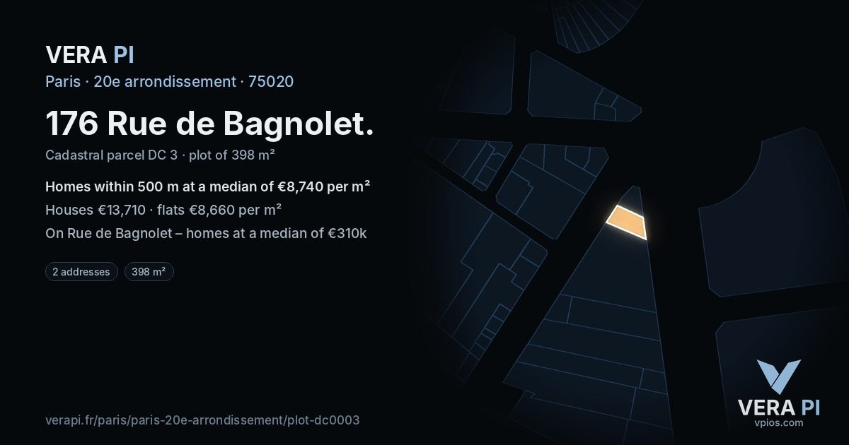 176 Rue de Bagnolet, 20e arrondissement at night – the plot lit, the parcels around coloured by the prices near them