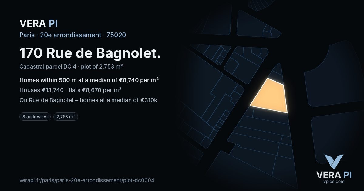170 Rue de Bagnolet, 20e arrondissement at night – the plot lit, the parcels around coloured by the prices near them