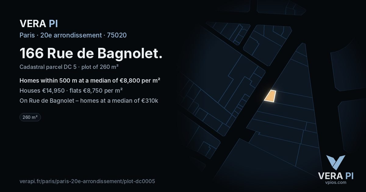 166 Rue de Bagnolet, 20e arrondissement at night – the plot lit, the parcels around coloured by the prices near them