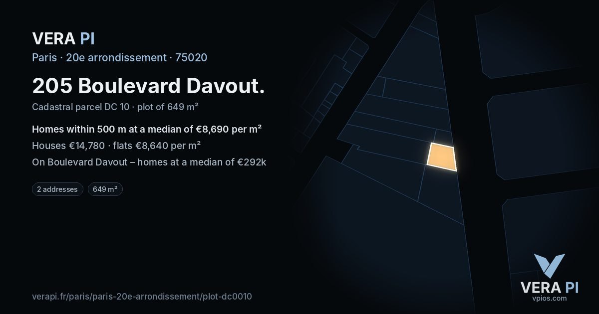 205 Boulevard Davout, 20e arrondissement at night – the plot lit, the parcels around coloured by the prices near them