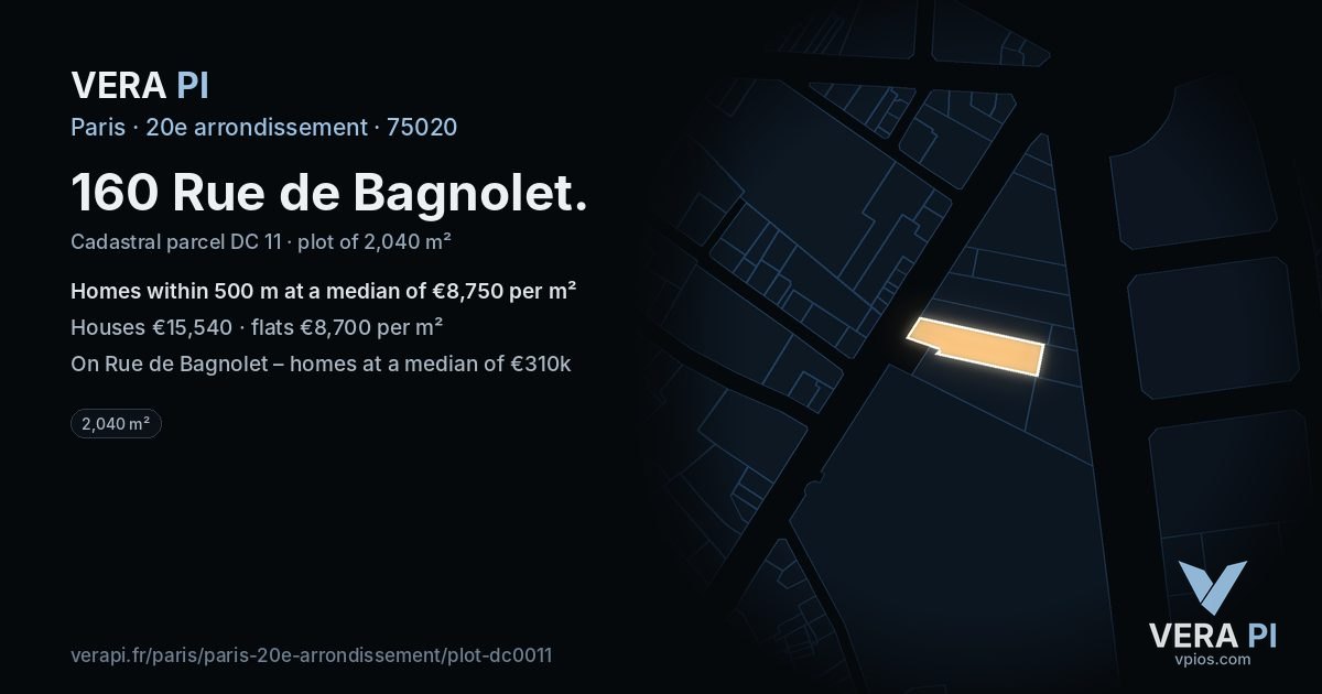 160 Rue de Bagnolet, 20e arrondissement at night – the plot lit, the parcels around coloured by the prices near them