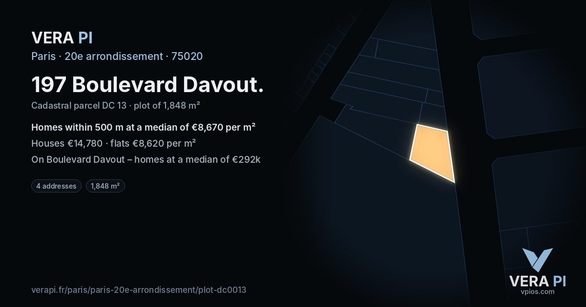 197 Boulevard Davout, 20e arrondissement at night – the plot lit, the parcels around coloured by the prices near them