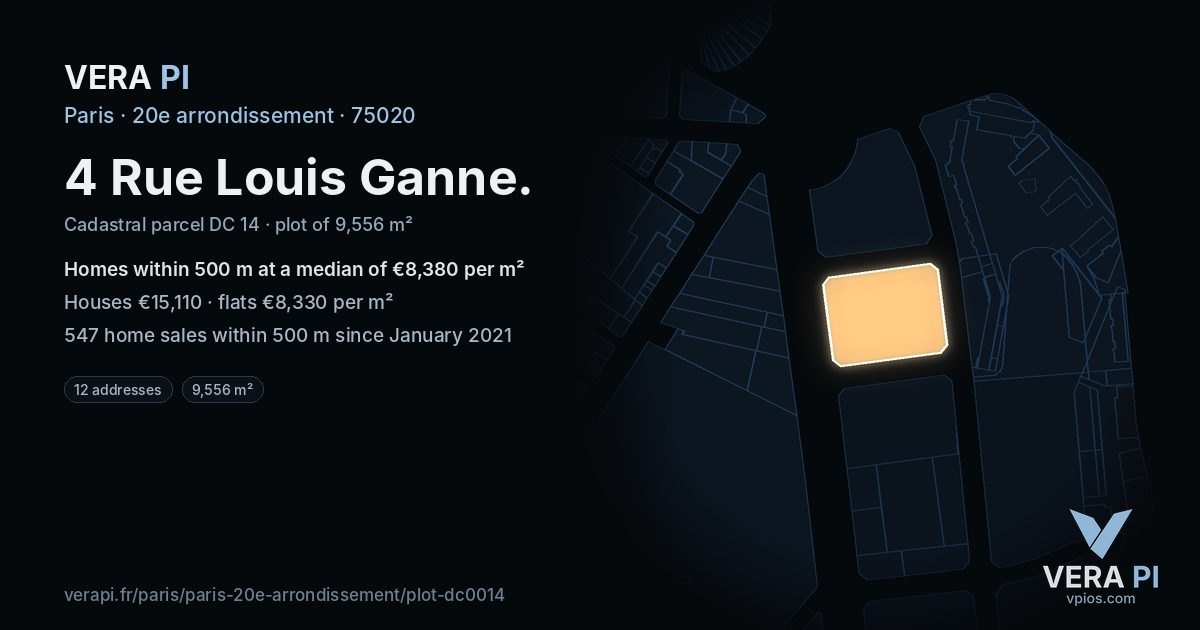 4 Rue Louis Ganne, 20e arrondissement at night – the plot lit, the parcels around coloured by the prices near them