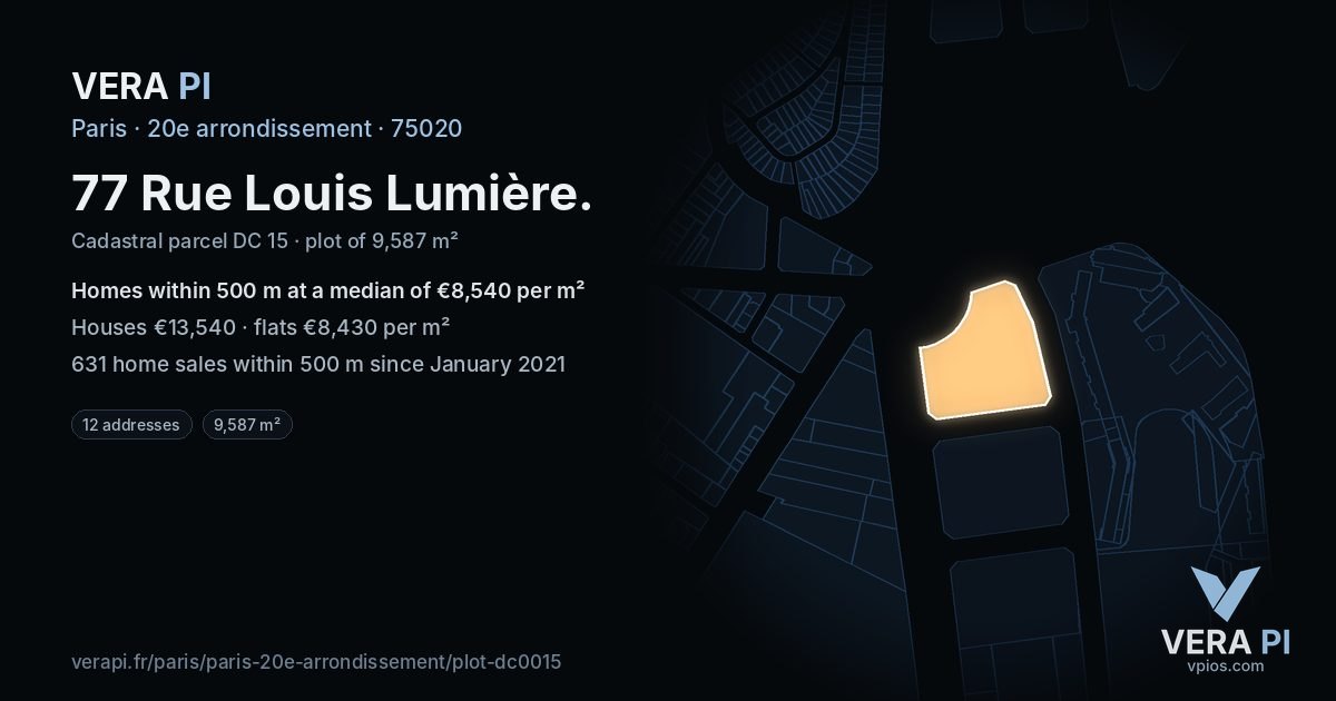 77 Rue Louis Lumière, 20e arrondissement at night – the plot lit, the parcels around coloured by the prices near them