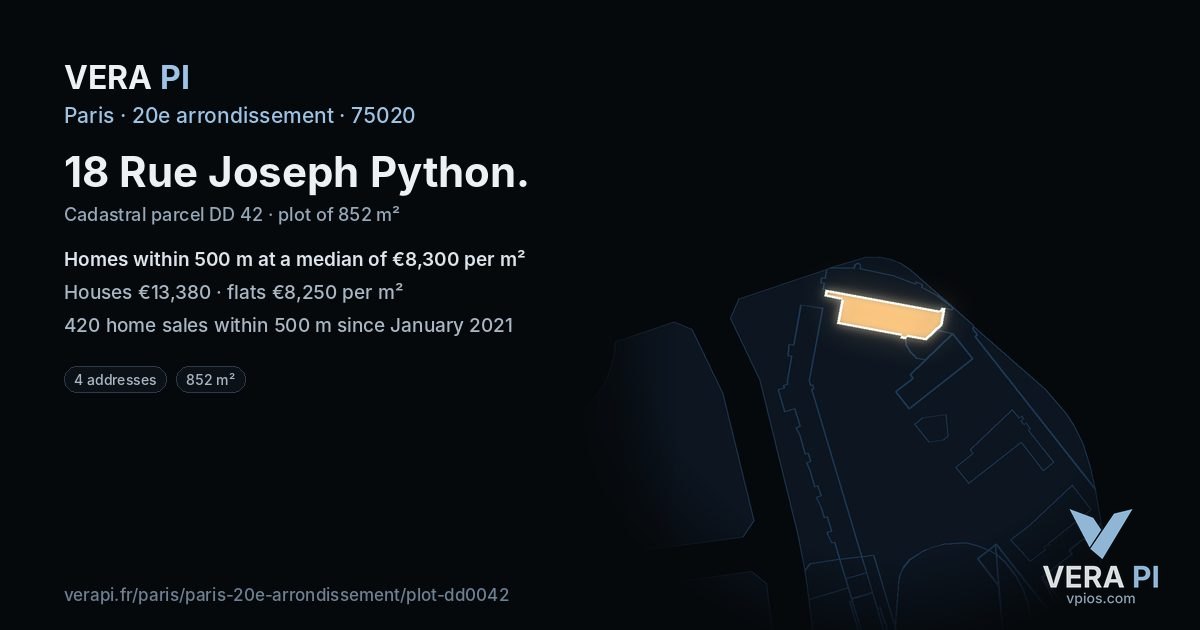 18 Rue Joseph Python, 20e arrondissement at night – the plot lit, the parcels around coloured by the prices near them