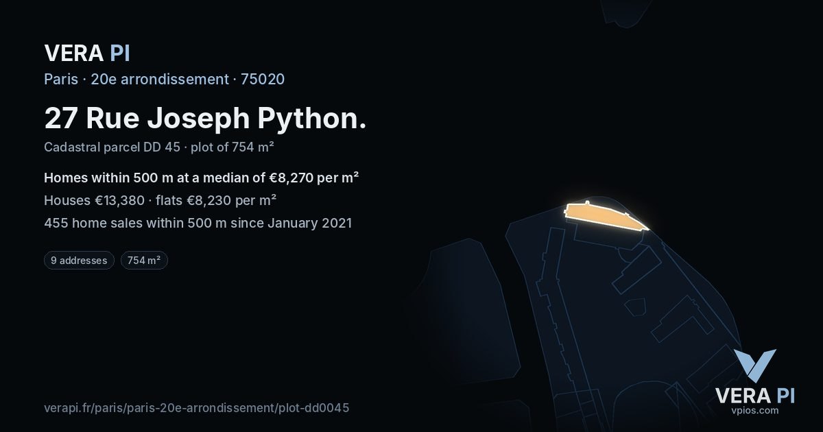 27 Rue Joseph Python, 20e arrondissement at night – the plot lit, the parcels around coloured by the prices near them