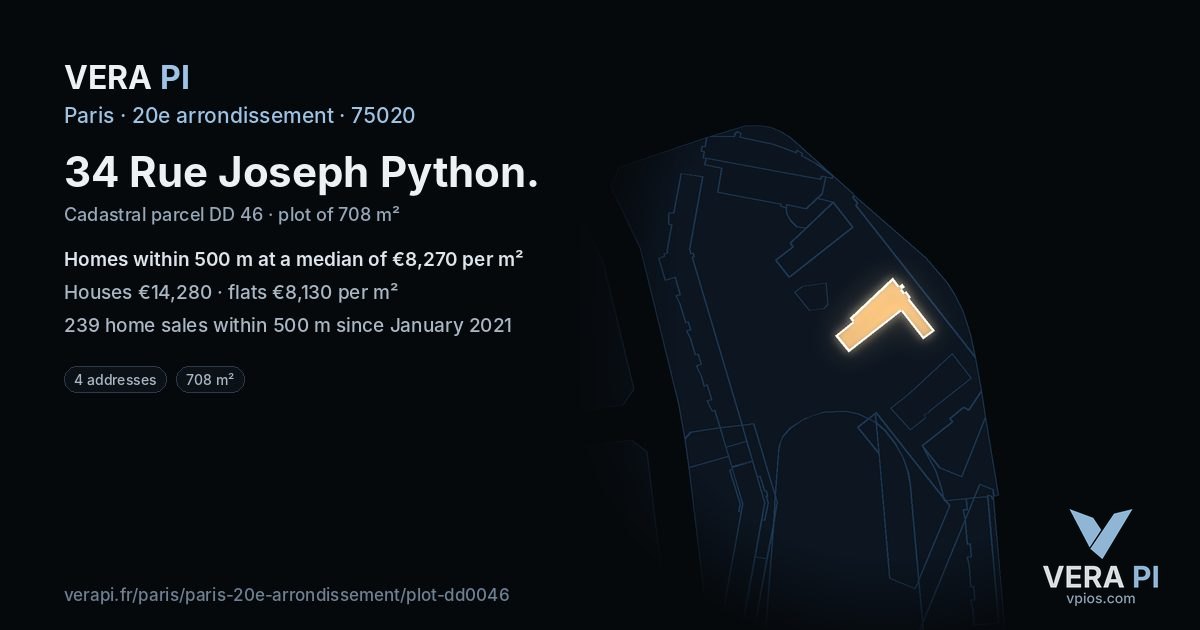 34 Rue Joseph Python, 20e arrondissement at night – the plot lit, the parcels around coloured by the prices near them