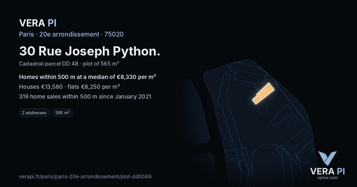 30 Rue Joseph Python, 20e arrondissement at night – the plot lit, the parcels around coloured by the prices near them