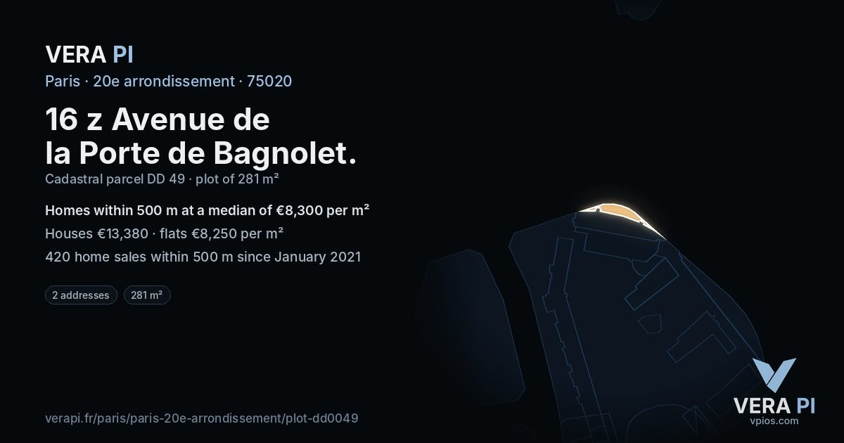 16 z Avenue de la Porte de Bagnolet, 20e arrondissement at night – the plot lit, the parcels around coloured by the prices near them