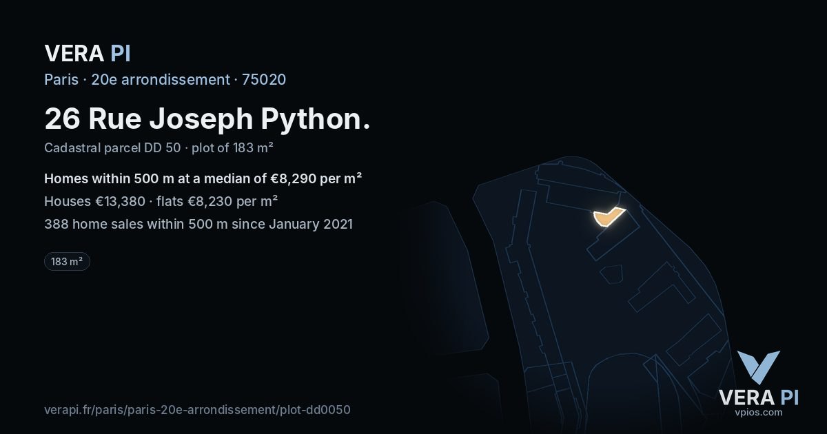 26 Rue Joseph Python, 20e arrondissement at night – the plot lit, the parcels around coloured by the prices near them
