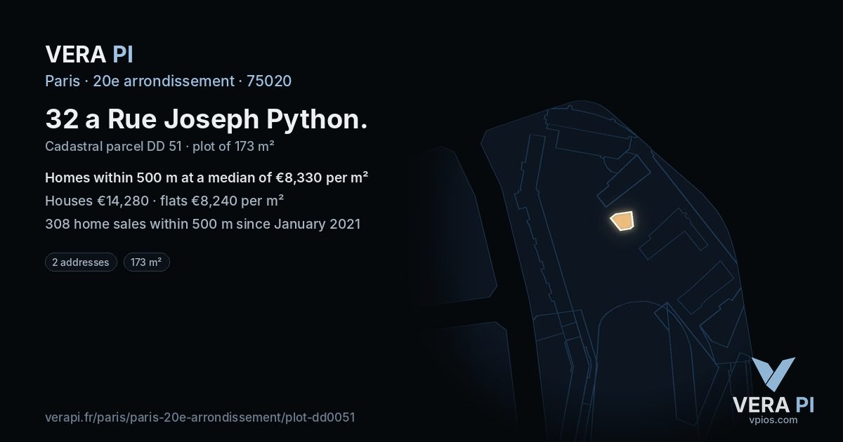 32 a Rue Joseph Python, 20e arrondissement at night – the plot lit, the parcels around coloured by the prices near them
