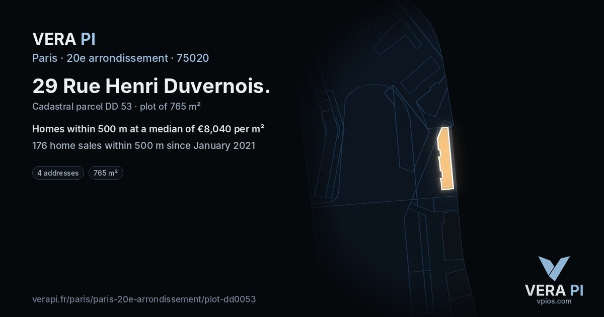 29 Rue Henri Duvernois, 20e arrondissement at night – the plot lit, the parcels around coloured by the prices near them