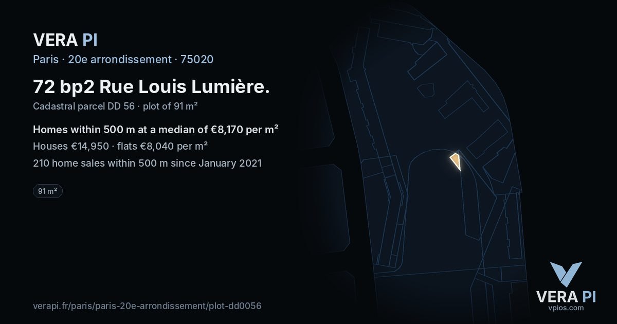 72 bp2 Rue Louis Lumière, 20e arrondissement at night – the plot lit, the parcels around coloured by the prices near them