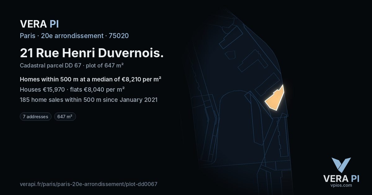 21 Rue Henri Duvernois, 20e arrondissement at night – the plot lit, the parcels around coloured by the prices near them