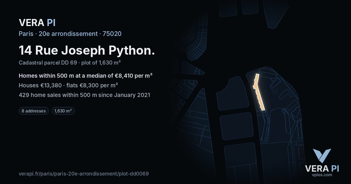 14 Rue Joseph Python, 20e arrondissement at night – the plot lit, the parcels around coloured by the prices near them