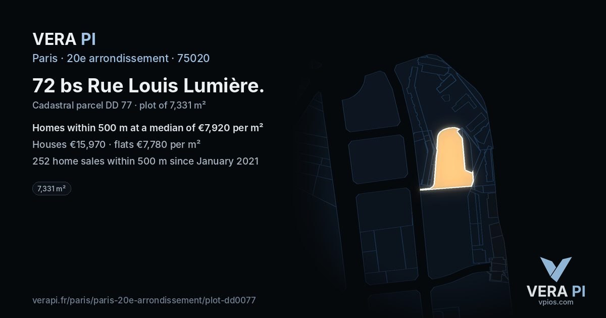 72 bs Rue Louis Lumière, 20e arrondissement at night – the plot lit, the parcels around coloured by the prices near them