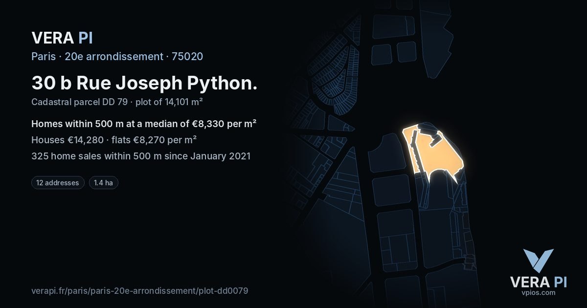 30 b Rue Joseph Python, 20e arrondissement at night – the plot lit, the parcels around coloured by the prices near them