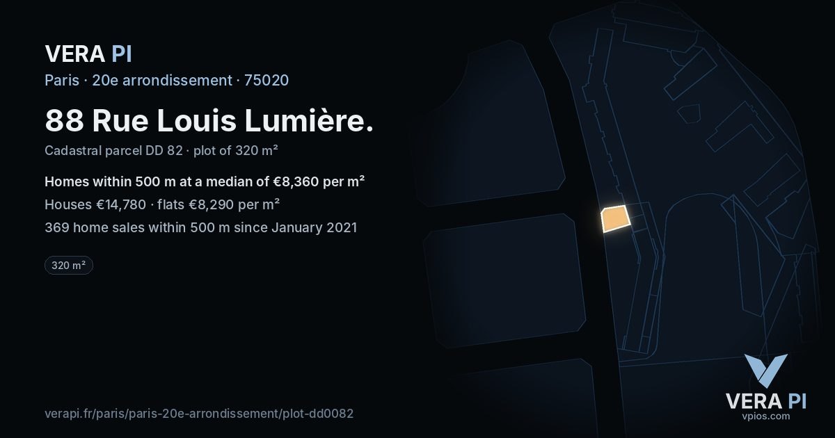 88 Rue Louis Lumière, 20e arrondissement at night – the plot lit, the parcels around coloured by the prices near them