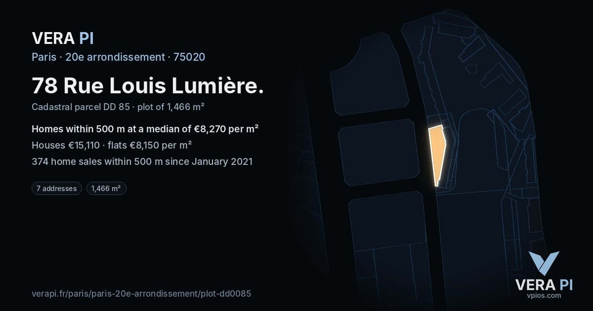 78 Rue Louis Lumière, 20e arrondissement at night – the plot lit, the parcels around coloured by the prices near them