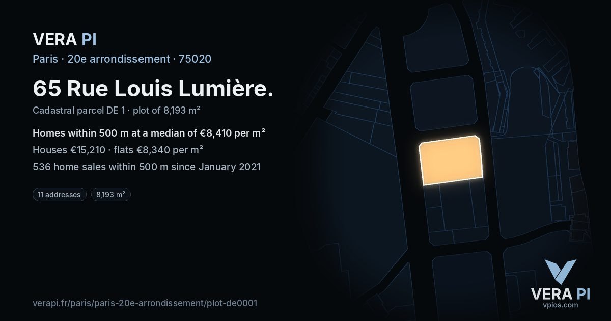 65 Rue Louis Lumière, 20e arrondissement at night – the plot lit, the parcels around coloured by the prices near them