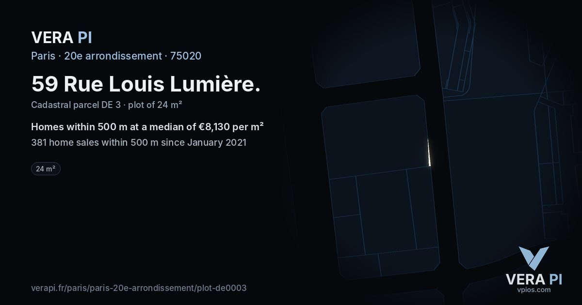 59 Rue Louis Lumière, 20e arrondissement at night – the plot lit, the parcels around coloured by the prices near them