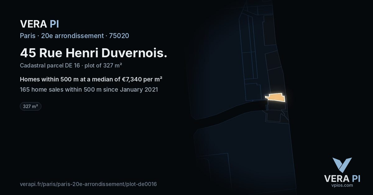 45 Rue Henri Duvernois, 20e arrondissement at night – the plot lit, the parcels around coloured by the prices near them