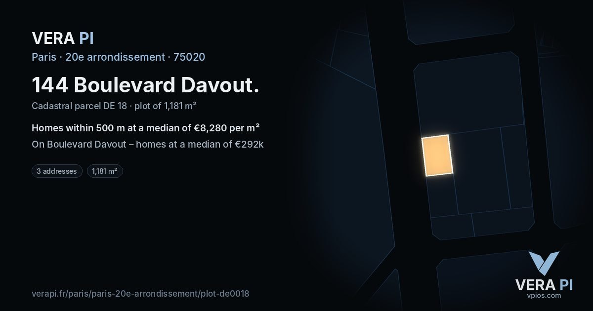 144 Boulevard Davout, 20e arrondissement at night – the plot lit, the parcels around coloured by the prices near them
