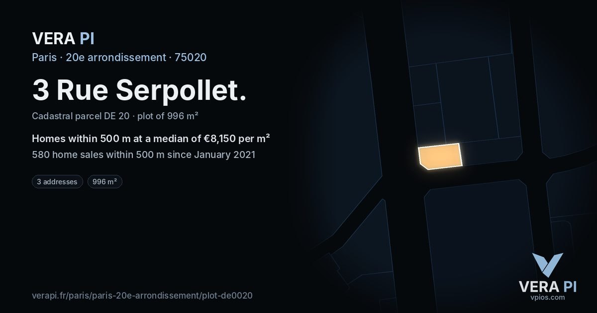 3 Rue Serpollet, 20e arrondissement at night – the plot lit, the parcels around coloured by the prices near them