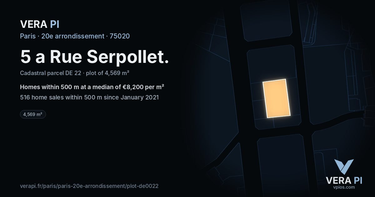 5 a Rue Serpollet, 20e arrondissement at night – the plot lit, the parcels around coloured by the prices near them