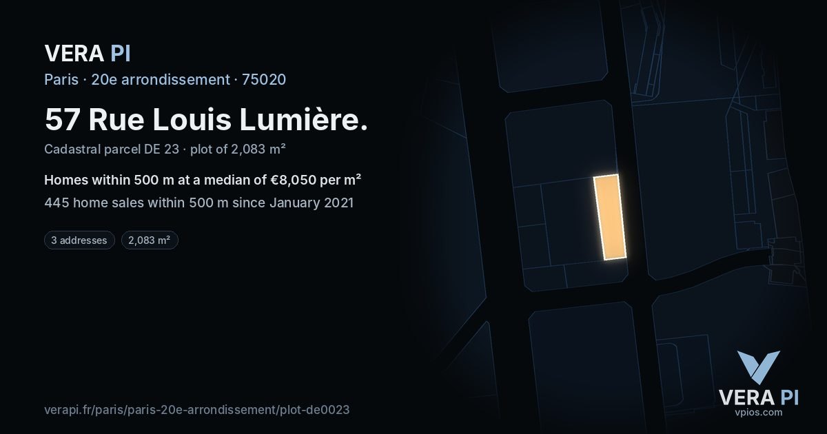57 Rue Louis Lumière, 20e arrondissement at night – the plot lit, the parcels around coloured by the prices near them
