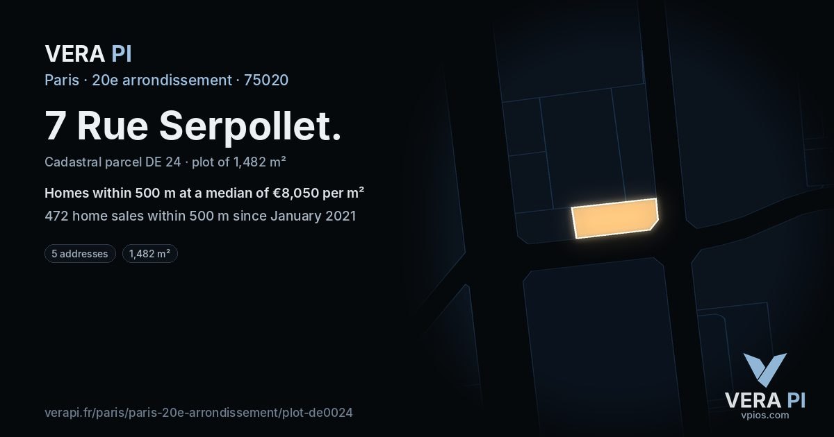 7 Rue Serpollet, 20e arrondissement at night – the plot lit, the parcels around coloured by the prices near them