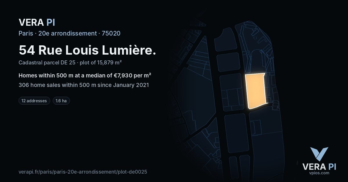 54 Rue Louis Lumière, 20e arrondissement at night – the plot lit, the parcels around coloured by the prices near them